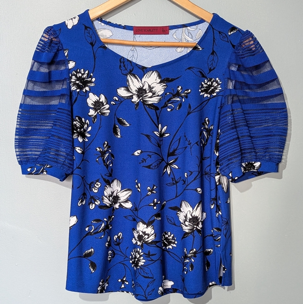Love Scarlett Royal Blue Floral Blouse with Sheer Sleeves